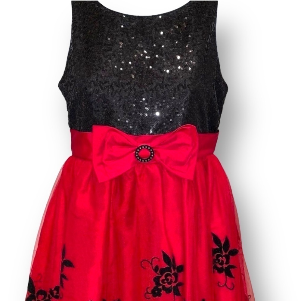 Emily West Size 14 Tea Length Party Dress Black Sequined Bodice Sheer Tulle Skir